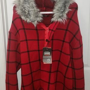 Red Plaid Jacket with Faux Fur Collar